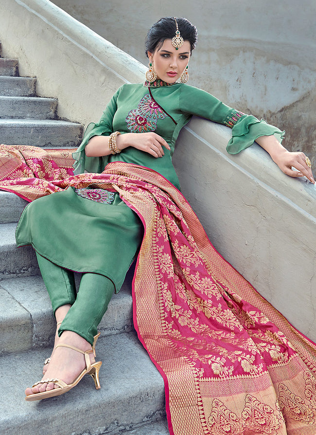 Buy Pink Chanderi Embroidered Salwar Suit With Banarasi Dupatta Online at  Best Prices in India - JioMart.